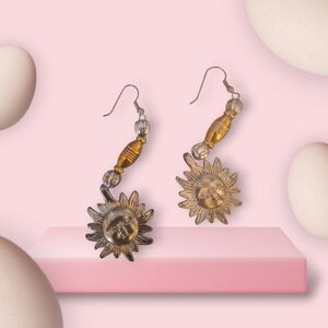 Sunburst Face Drop Earrings - Gold Tone